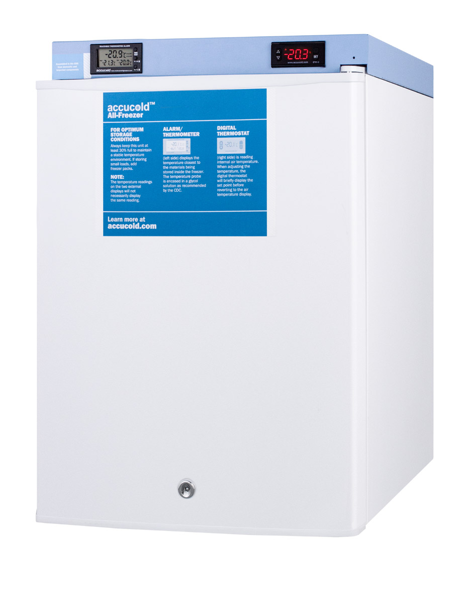 Compact medical/scientific all-freezer with digital thermostat, NIST calibrated thermometer/alarm, and front lock